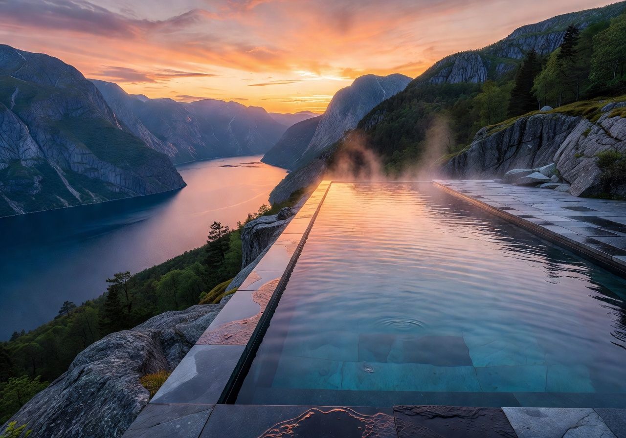 Heated infinity pool fjord view