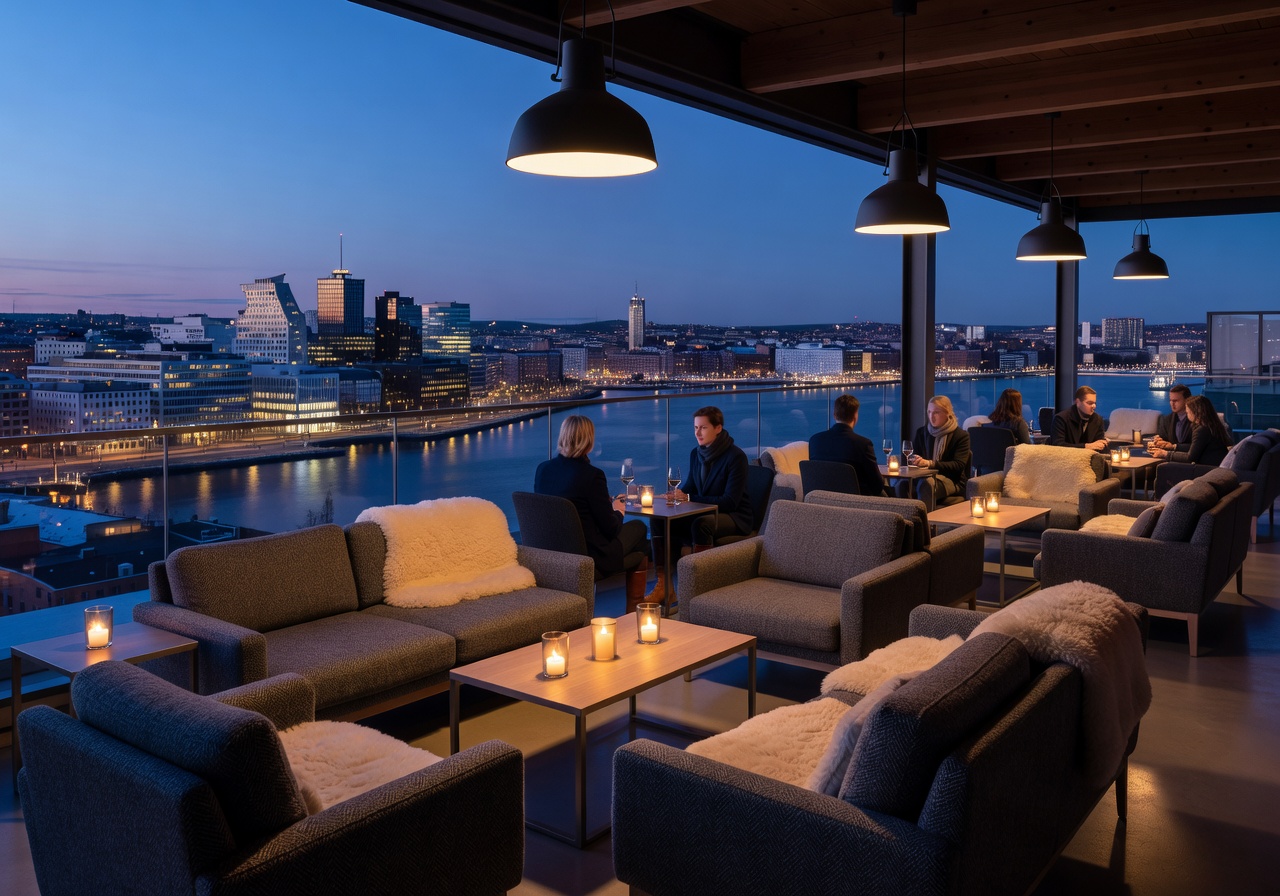 Rooftop lounge evening Oslo
