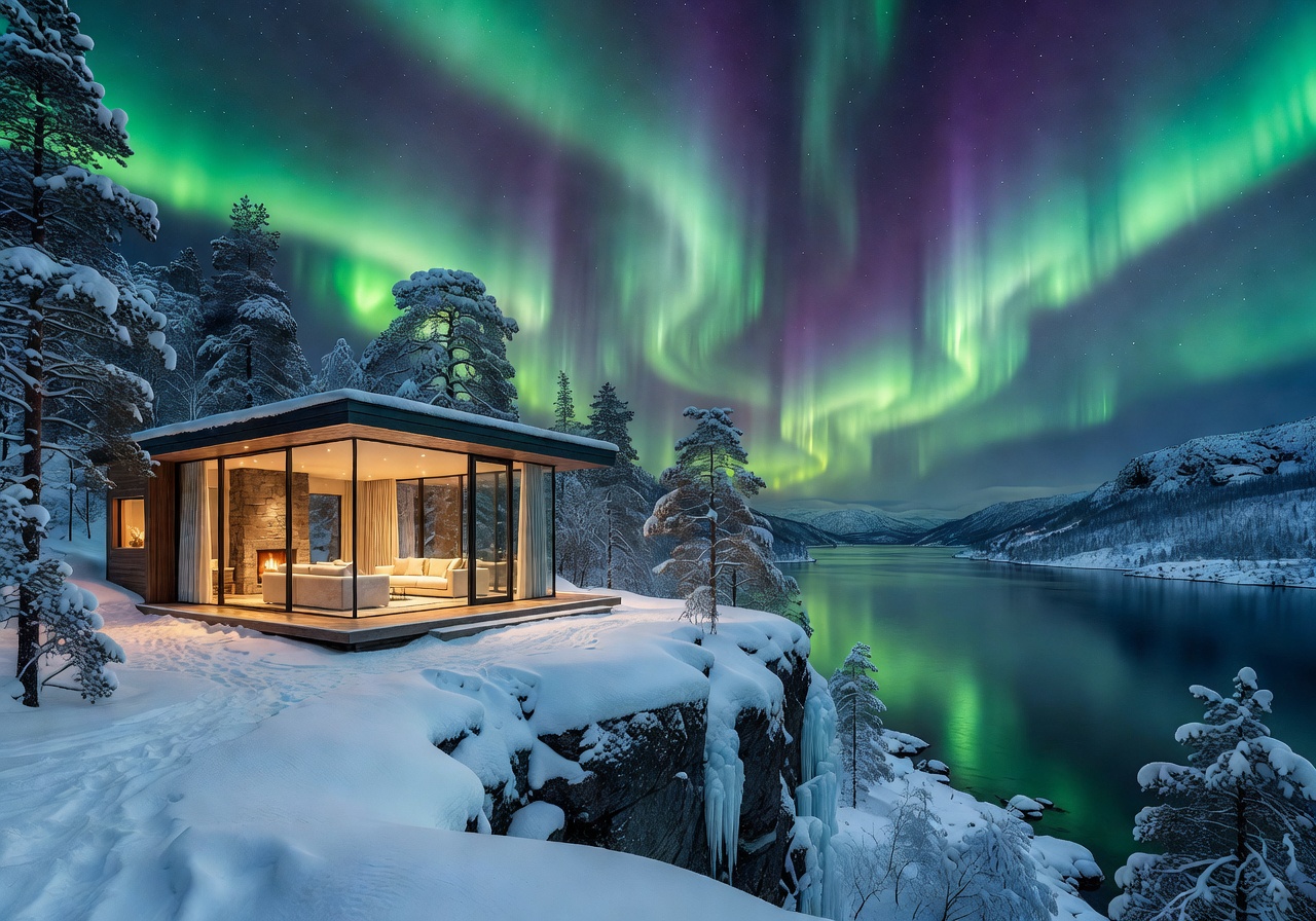 Norway fjord luxury aurora resort at night